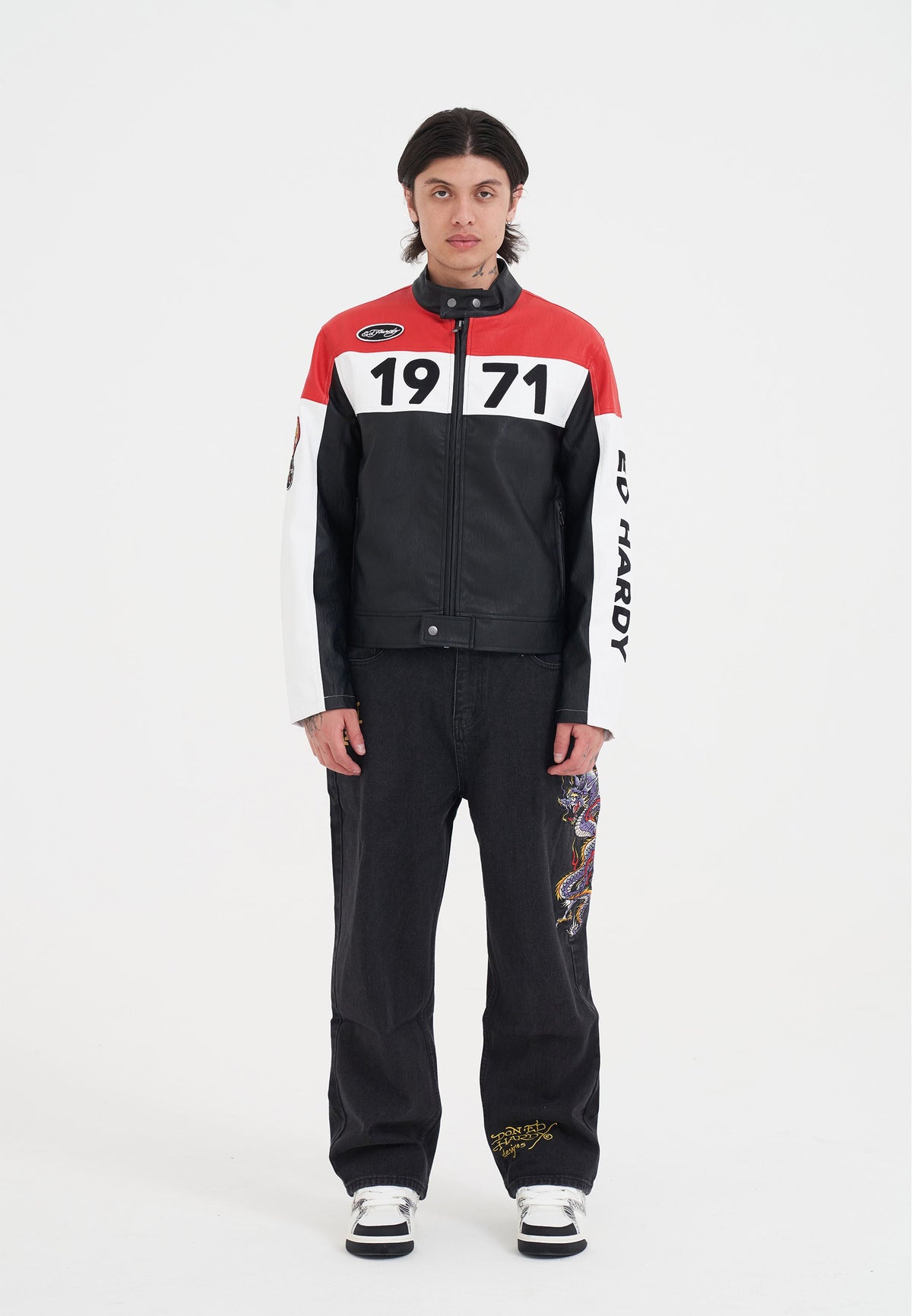 Mens ED-1971 Moto Biker Jacket- Black/Red/White