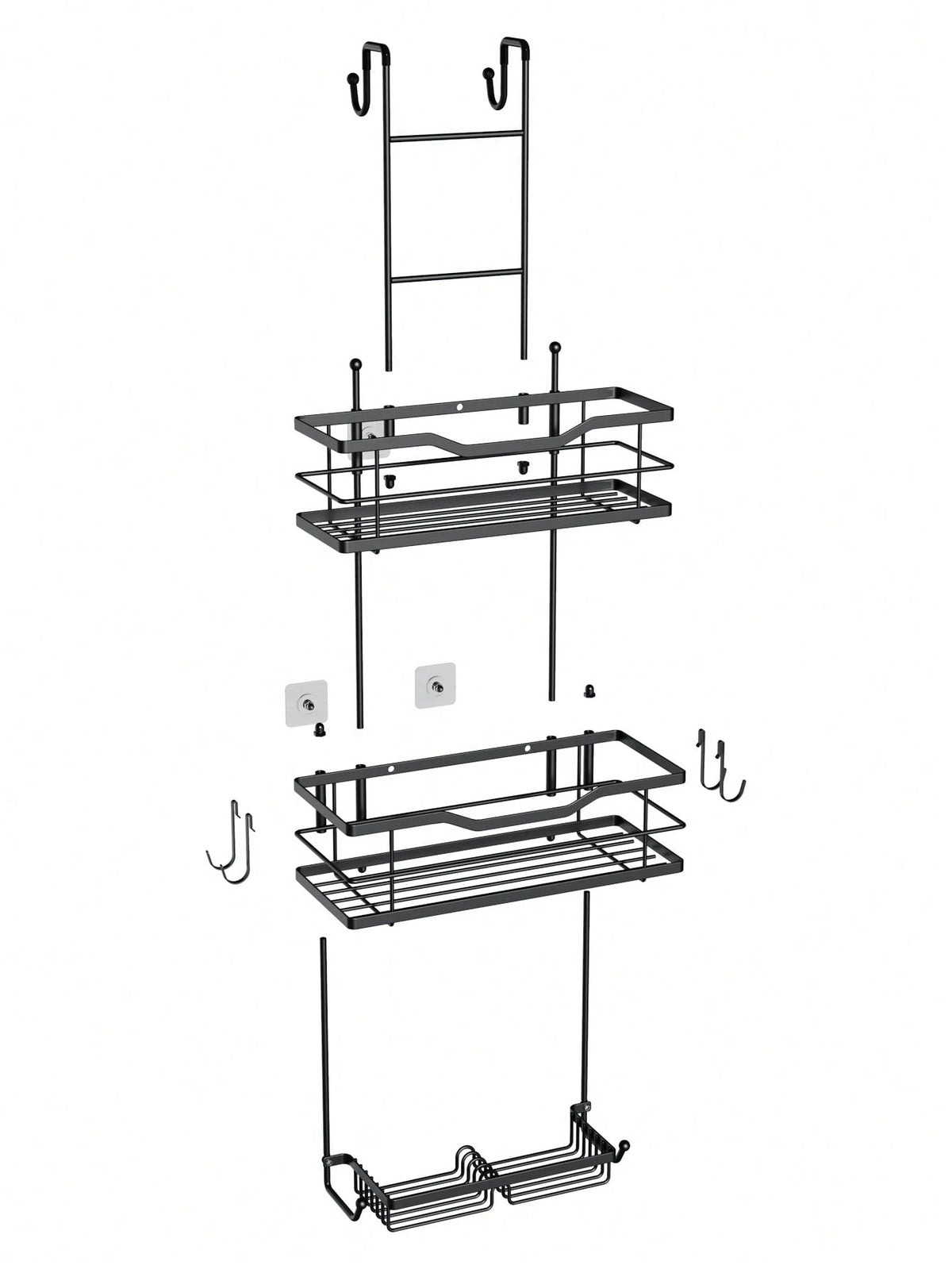 3-Tier Over-The-Door Shower Caddy, Rust-Proof Metal Bathroom Storage Rack With Drainage Basket, Hooks And Razor Holder, Suitable For Glass Shower Doors, Black And Silver