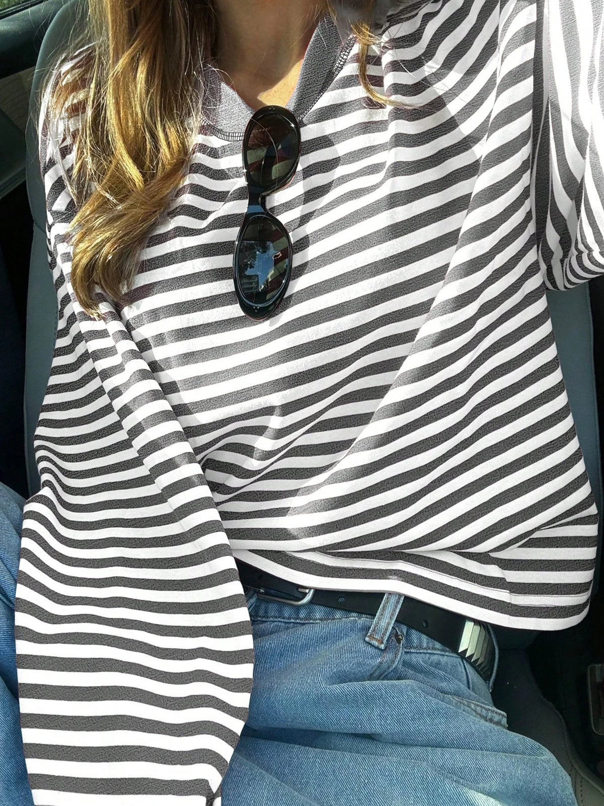 Women's Casual Top, Striped Contrast Ribbed Knit, Everyday Wear, Spring/Autumn