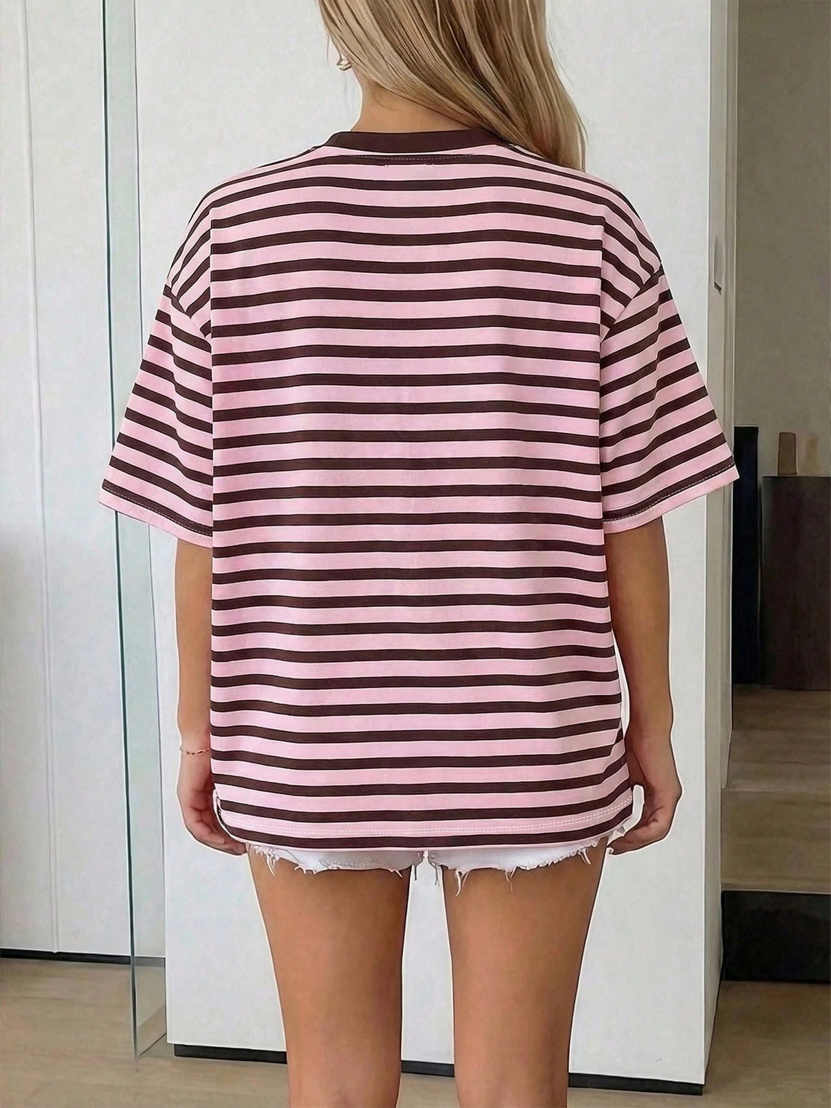 Oversized Loose Fit Short Sleeve T-Shirt, Casual Vacation Outfit For Women Pink Summer