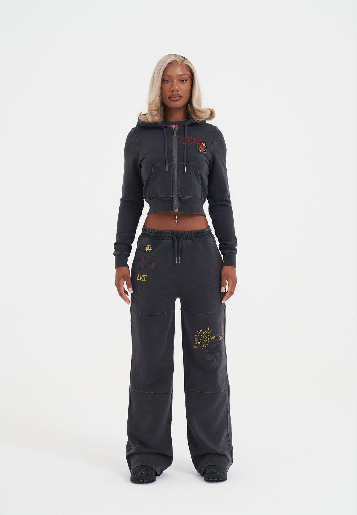 Womens Flaming Tiger Cropped Zip Thru Hoodie - Black