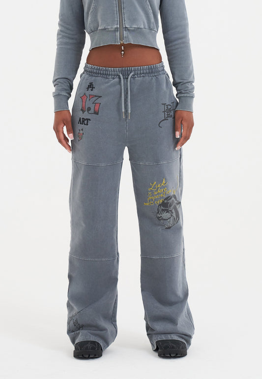 Womens Tattoo Collage Seam Detail Wide Leg Joggers - Charcoal