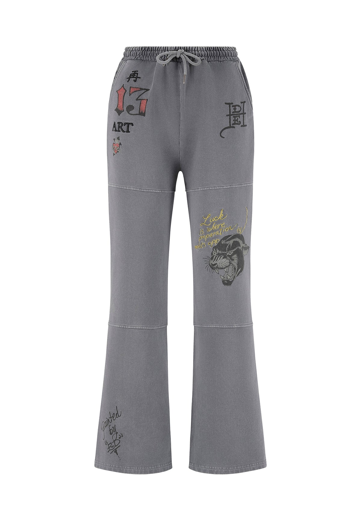 Womens Tattoo Collage Seam Detail Wide Leg Joggers - Charcoal