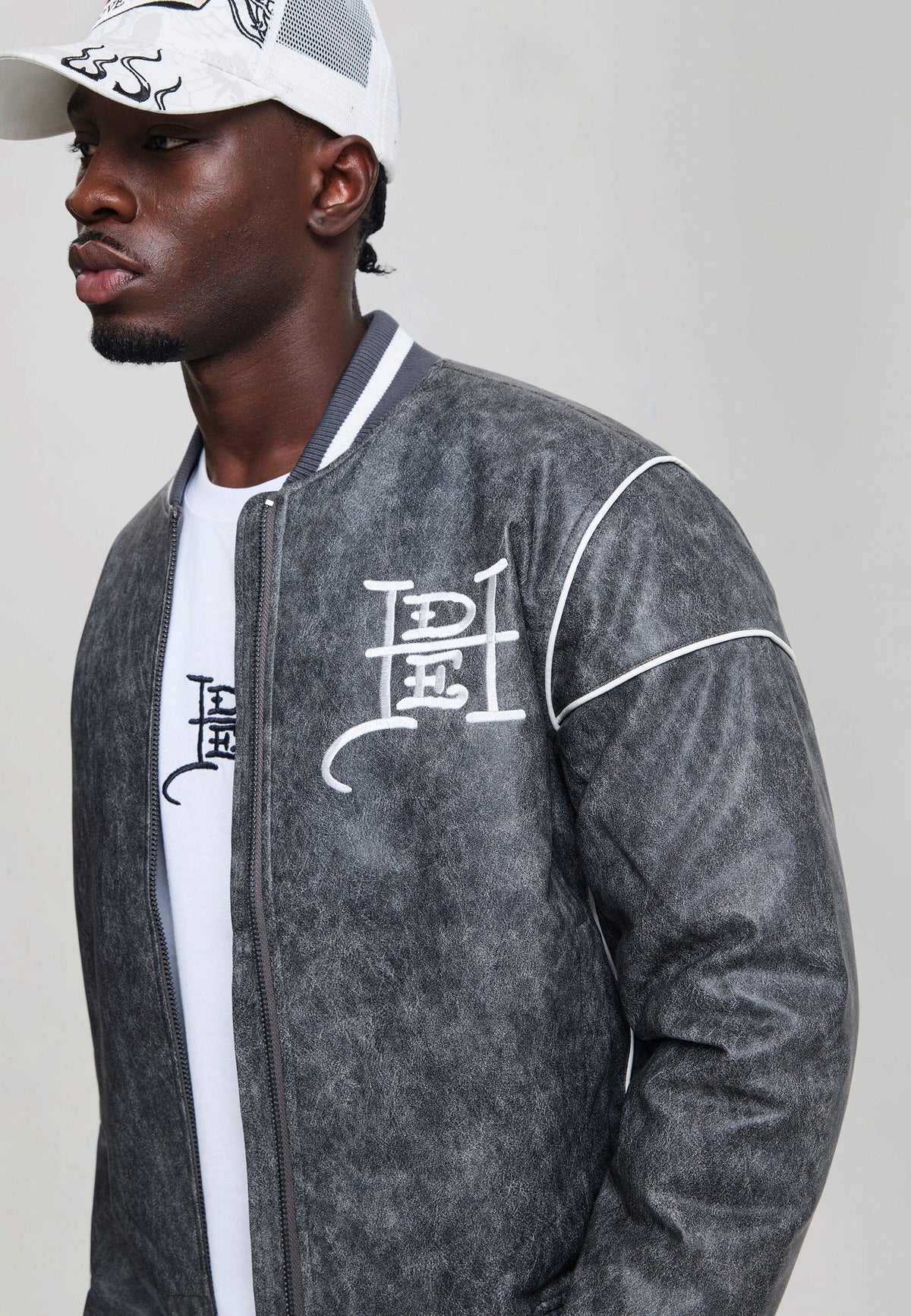 Mens Brave Eagle Pu Relaxed Bomber Jacket - Black