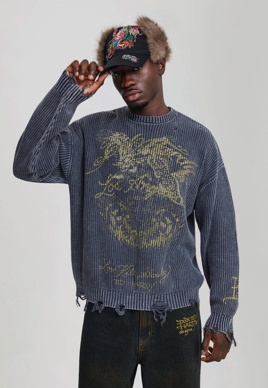 Mens Distressed Los Angeles Knitted Relaxed Crew Jumper - Black