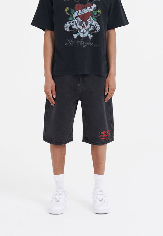 Mens Battle Dragon Denim Jorts Shorts - Washed Black