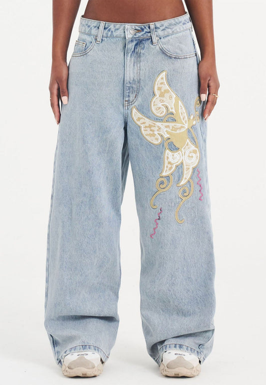 Womens Antique Butterfly Xtra Denim Trousers Jeans - Mid Blue