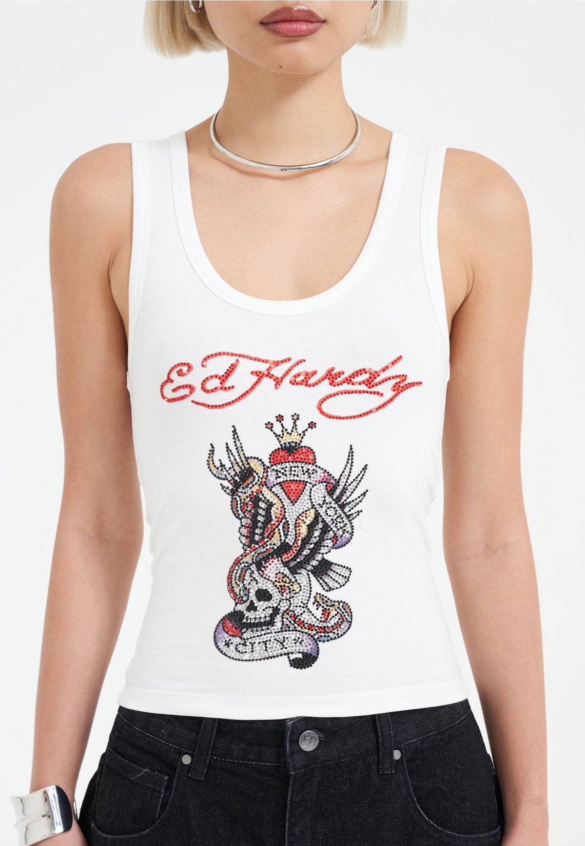 Womens New York City Diamante Cropped Vest - White