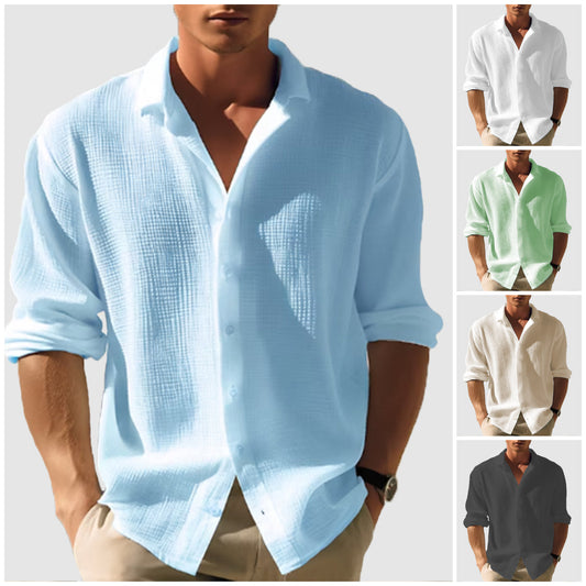 Men's  casual lapel solid color long sleeve button top