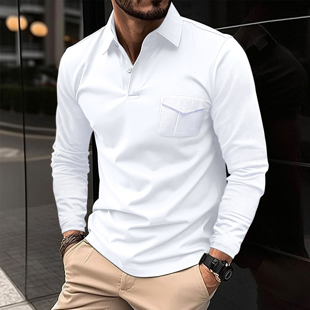 Men's Casual Lapel Polo Long Sleeve Shirt