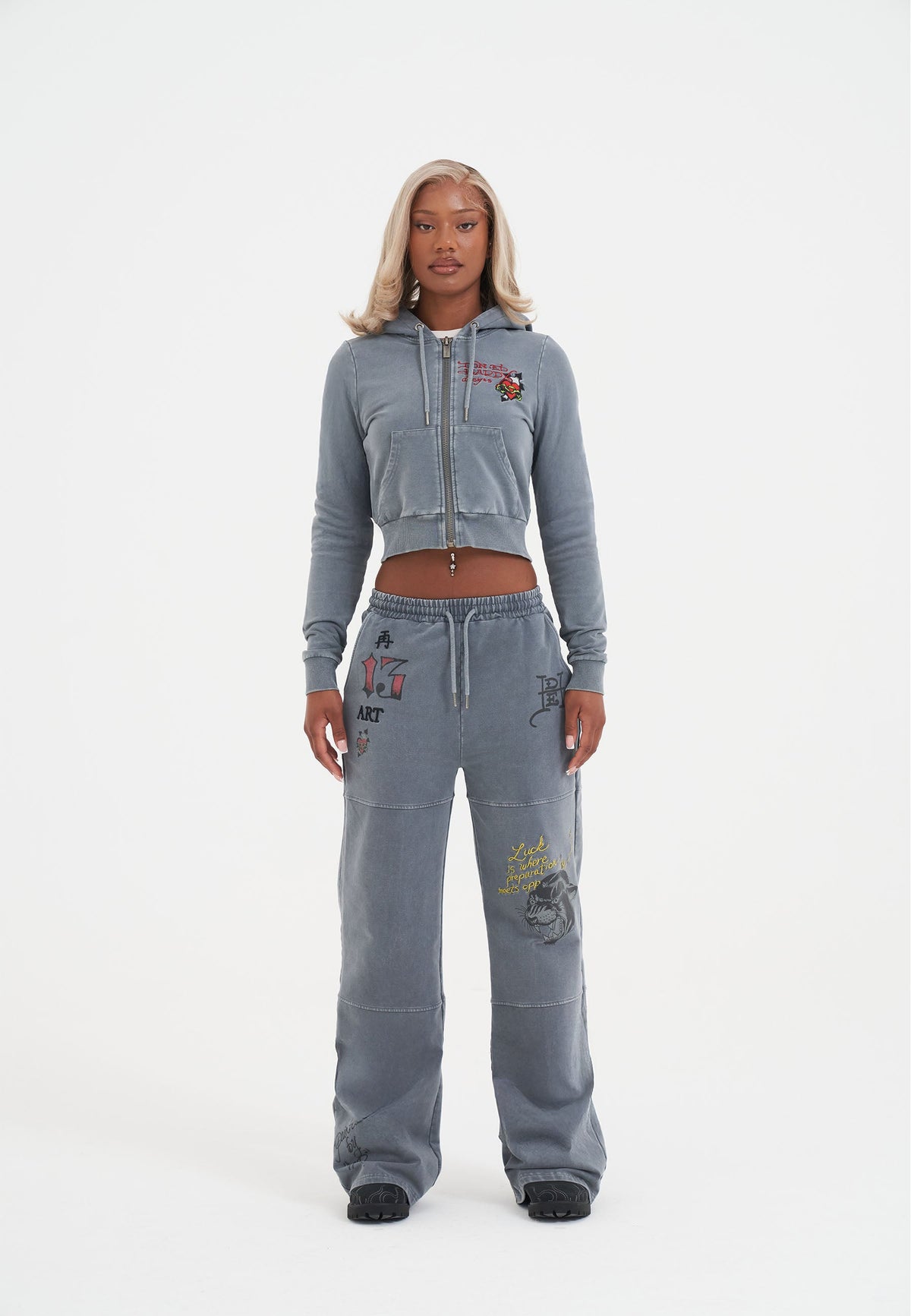 Womens Tattoo Collage Seam Detail Wide Leg Joggers - Charcoal